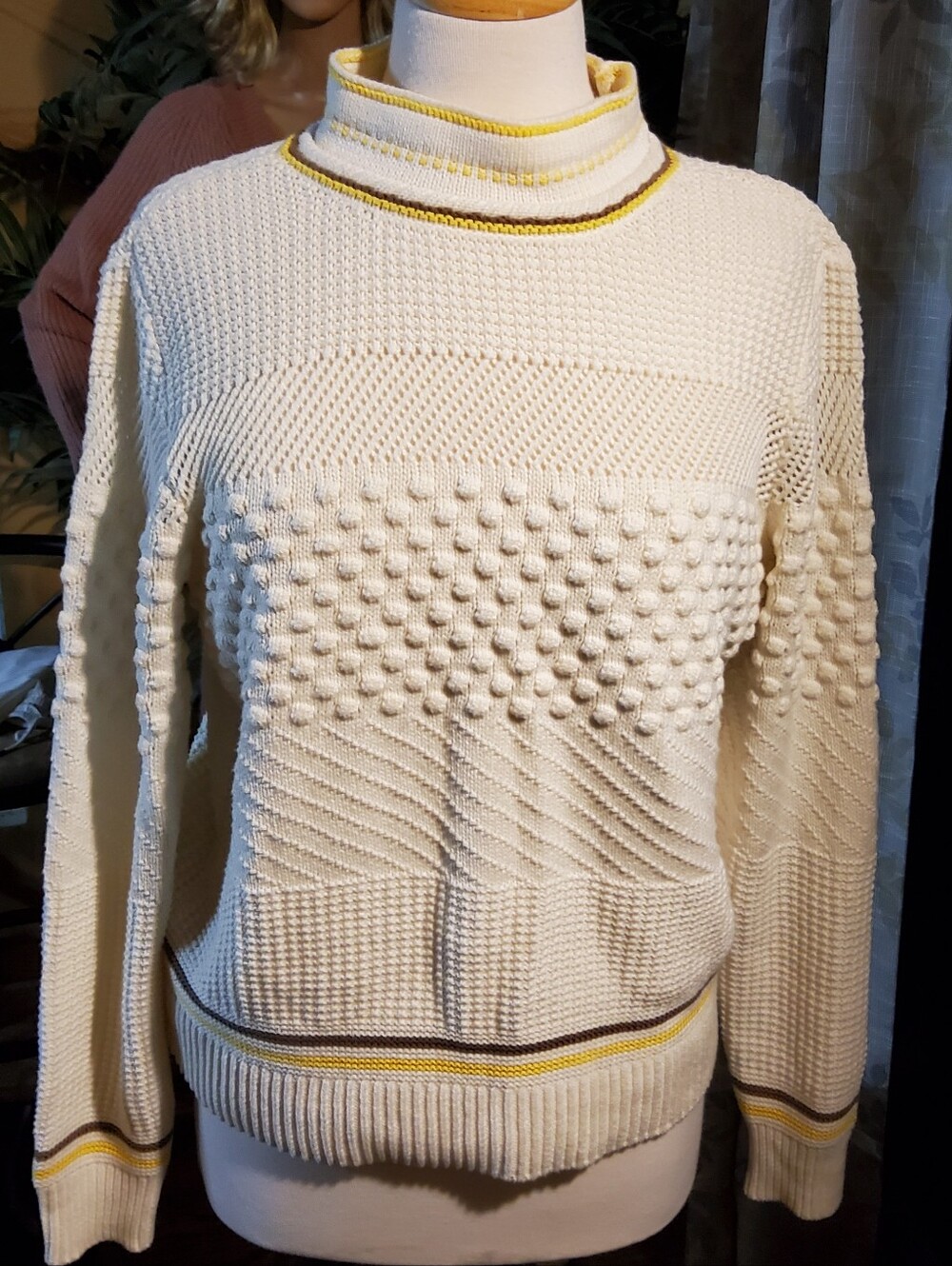 Joe Fresh Cream Knit Mock Neck Sweater with Yellow and Brown Stripes